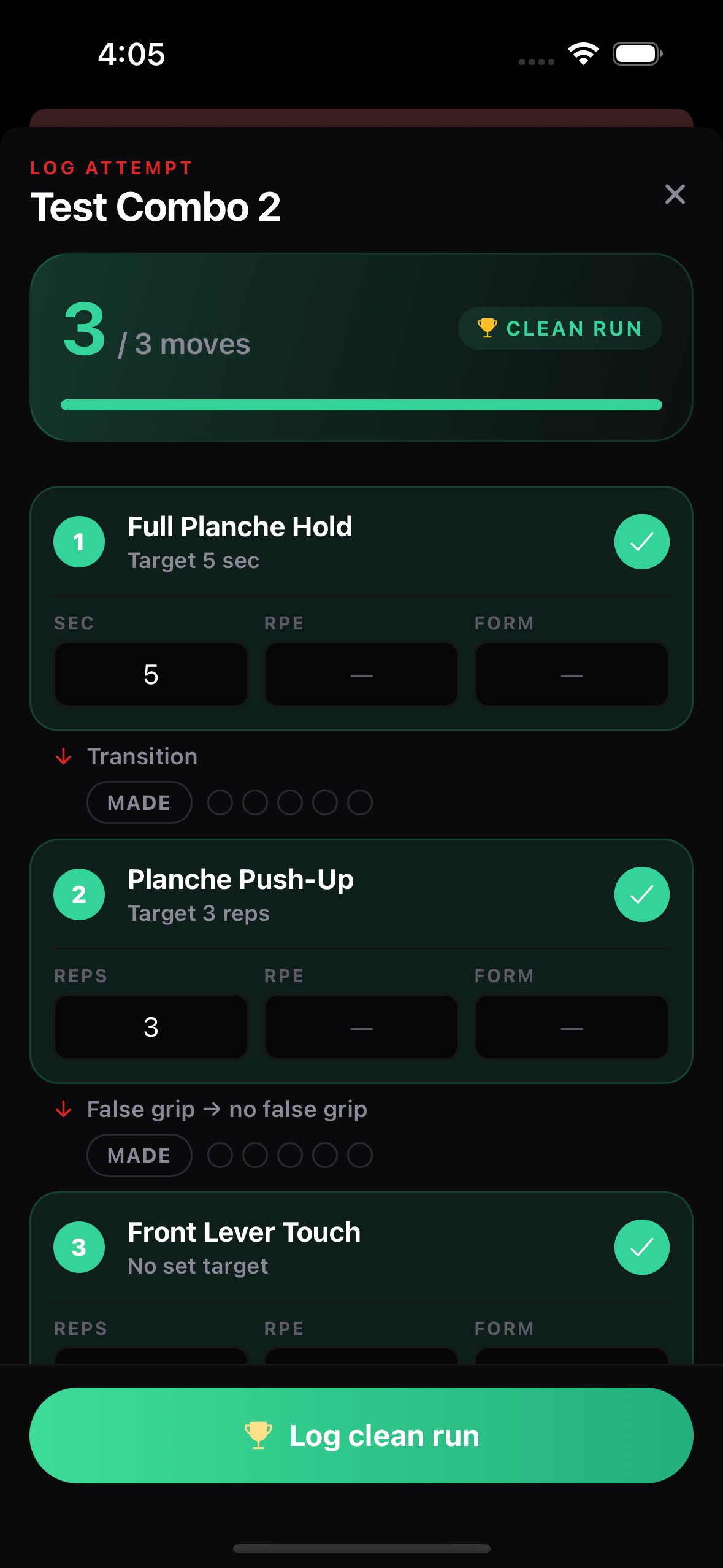 Combo sequence and clean-run attempt logging for event athletes