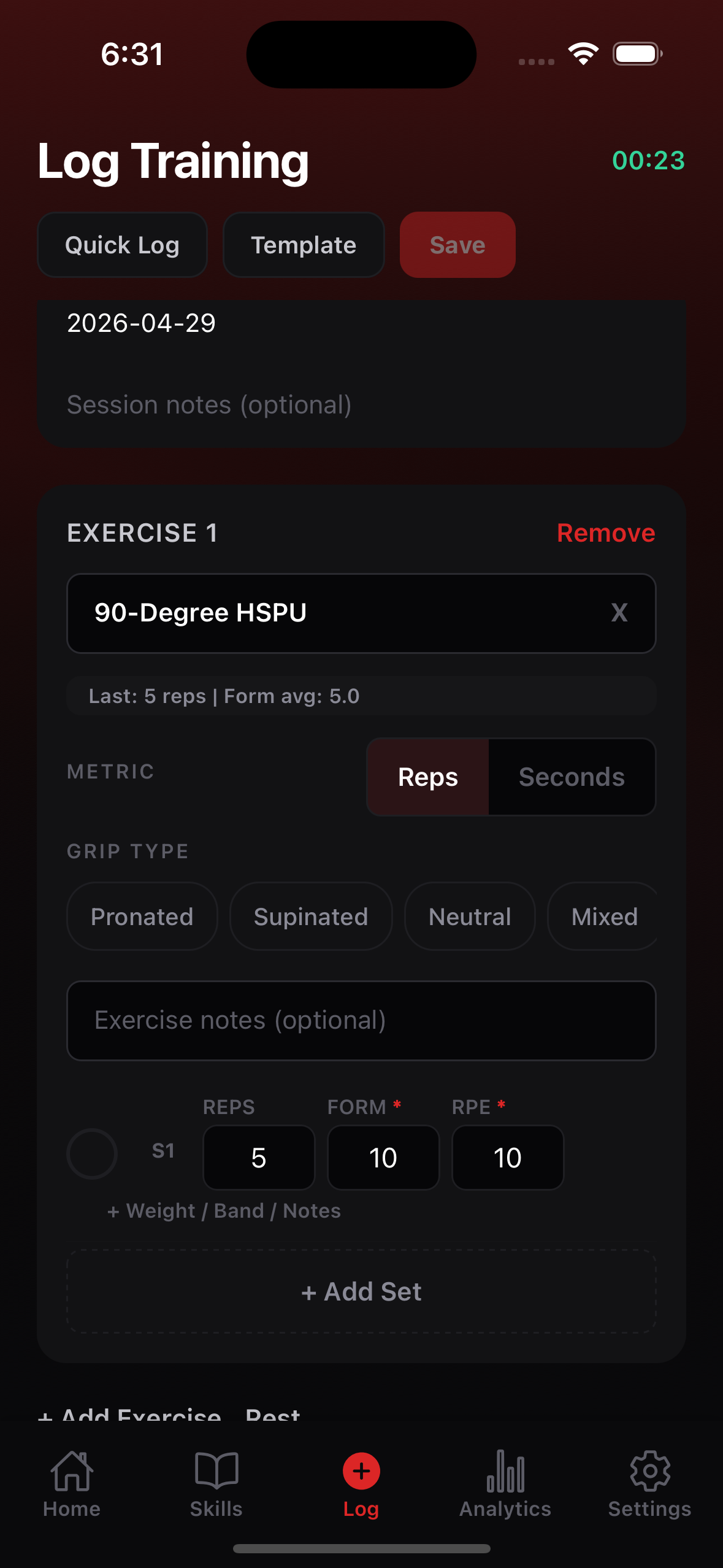 Workout logging with hold time and rep input