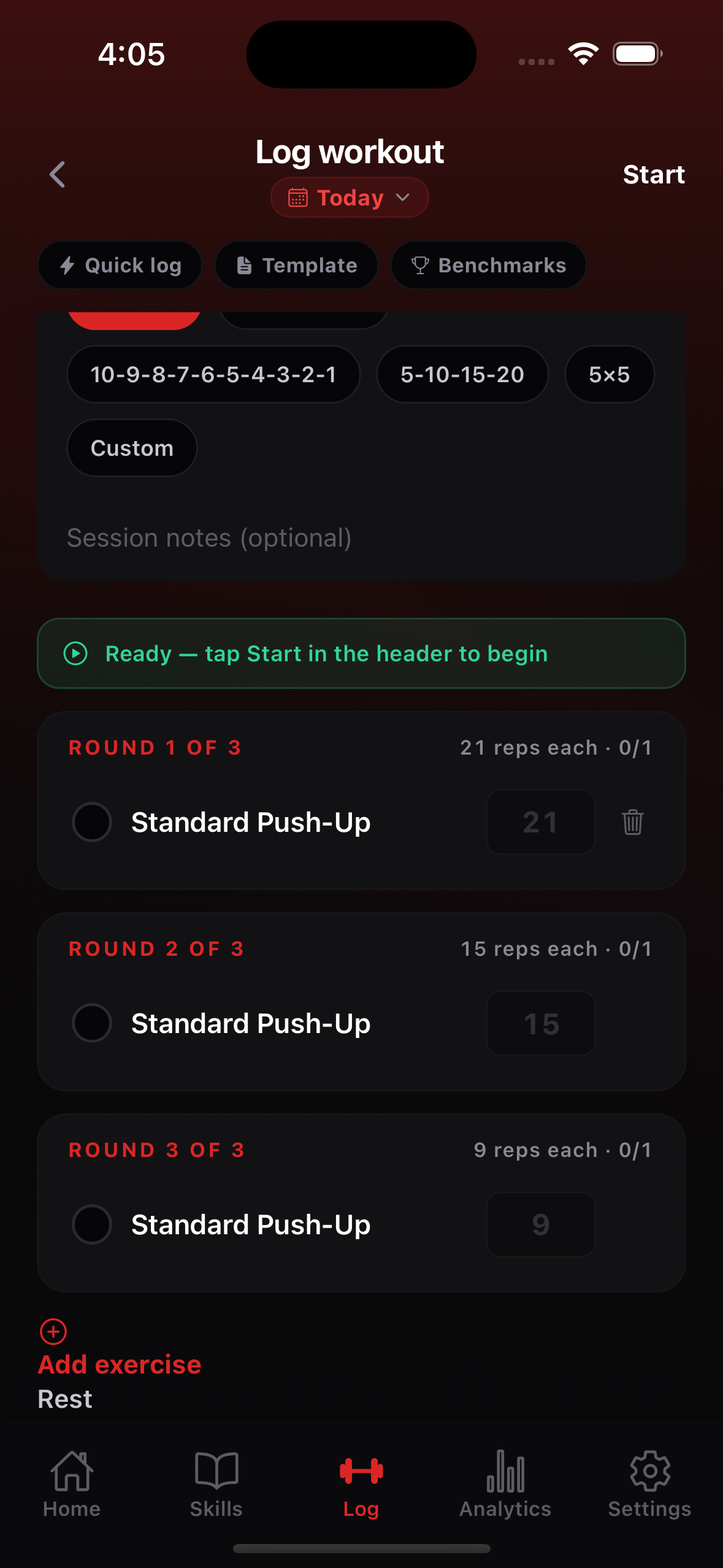 Workout structures: For Time, AMRAP, EMOM, Pyramid, Rounds with live timers